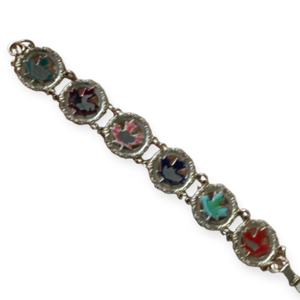 Canadian Maple Leaf Link Bracelet Vintage Gold Multicolor Souvenir 1950s